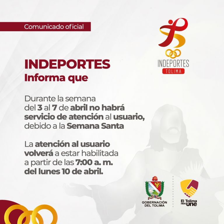 Indeportes Tolima suspenderá el servicio de atención al usuario durante Semana Santa