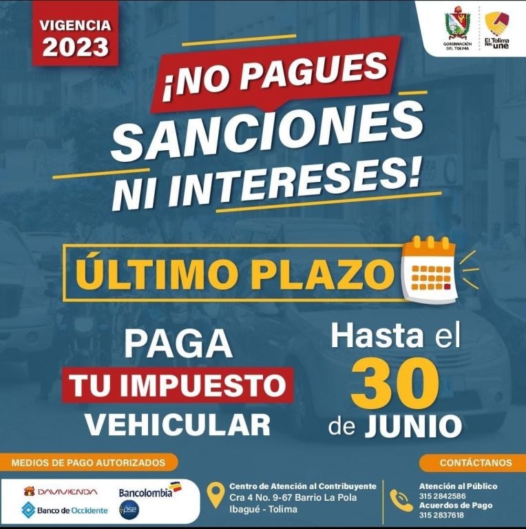 Hasta el 30 de junio se puede pagar el Impuesto Vehicular sin intereses ni sanciones para vigencia 2023