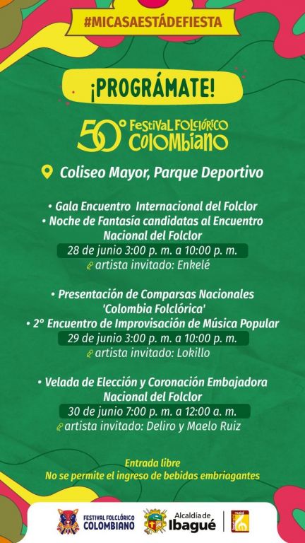 ¡Es tiempo de celebrar! Hasta el 30 junio, la #CapitalMusical vive con alegría con el 50° Festival Folclórico Colombiano.