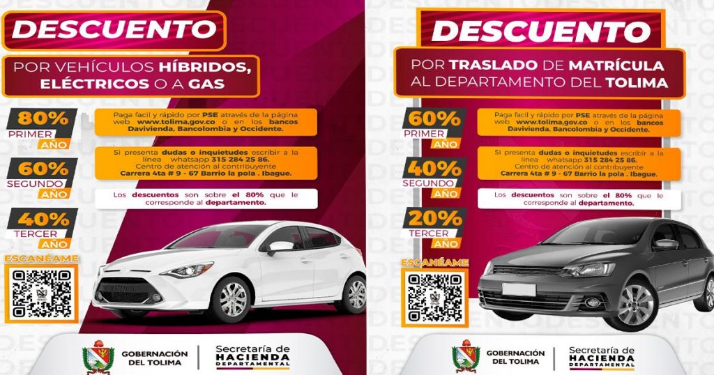 Beneficios tributarios, por matricular carros en el Tolima, o que sean híbridos o eléctricos