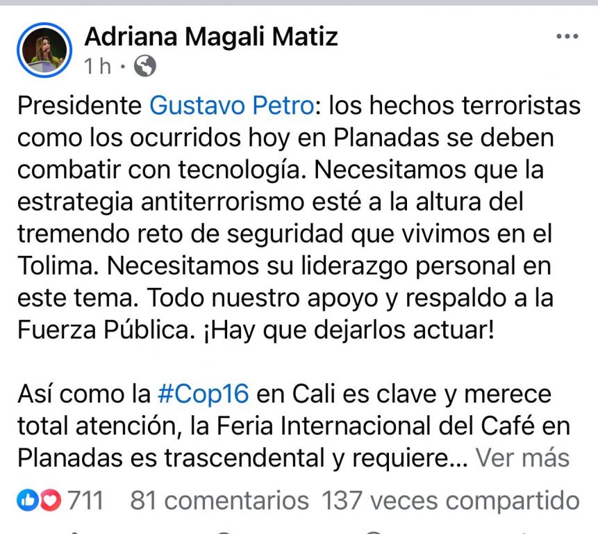 “Necesitamos su liderazgo”: el pedido urgente de la gobernadora del Tolima a Petro tras atentado con dron en Planadas