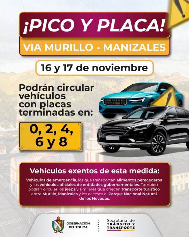 Continúa restricción de pico y placa en la vía Murillo - Manizales para el fin de semana del 16 y 17 de noviembre de 2024.