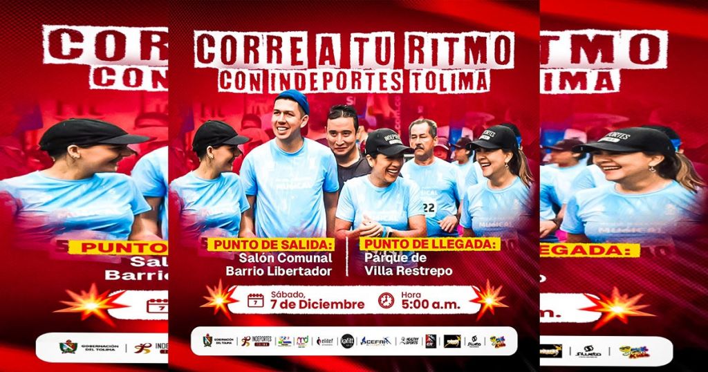 Indeportes Tolima invita a la carrera "Corre a Tu Ritmo" este sábado 7 de diciembre.