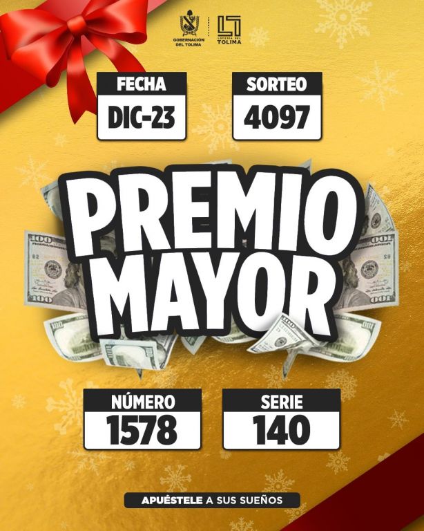 Resultado de la Lotería del Tolima, sorteo 4097 de diciembre 23 del 2024, consúltelos aquí