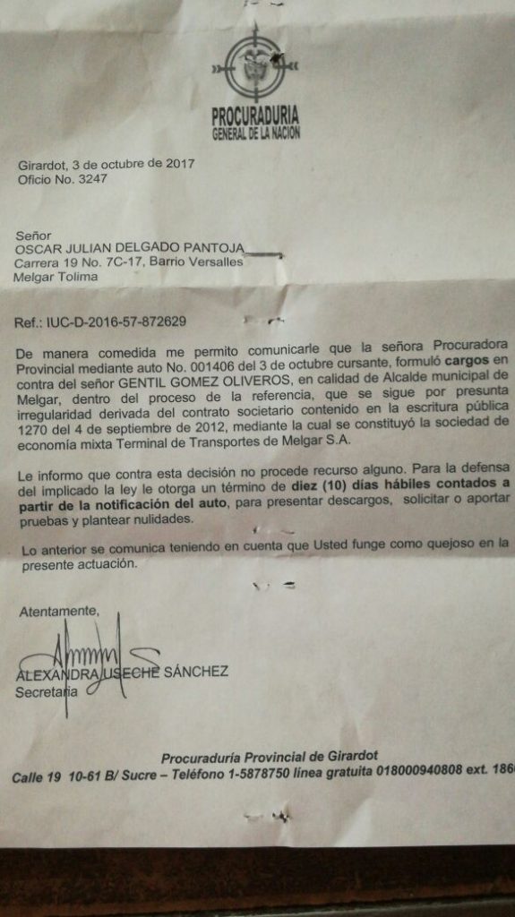 Copia: Oficio de la procuraduría provincial de Girardot contra Gentil Gómez Oliveros, aspirante al congreso por el partido Liberal. Cambioin 